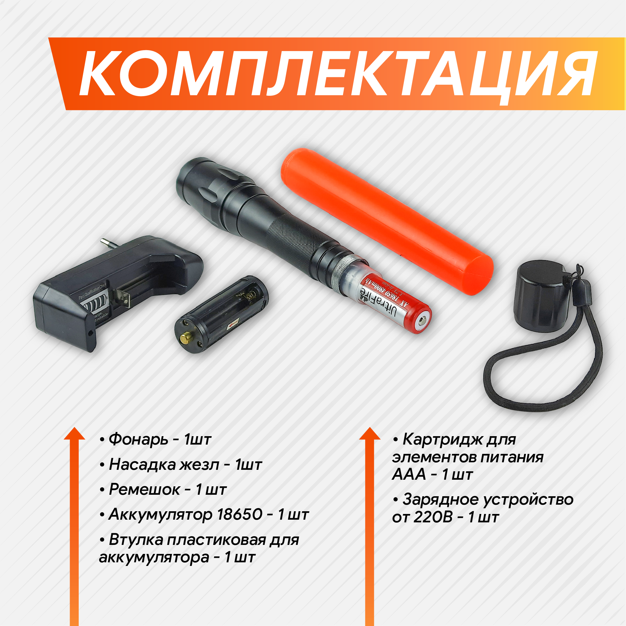Фонарь ручной жезл POWERSTYLE, корпус металл, аккумулятор, 220V, зарядное устройство