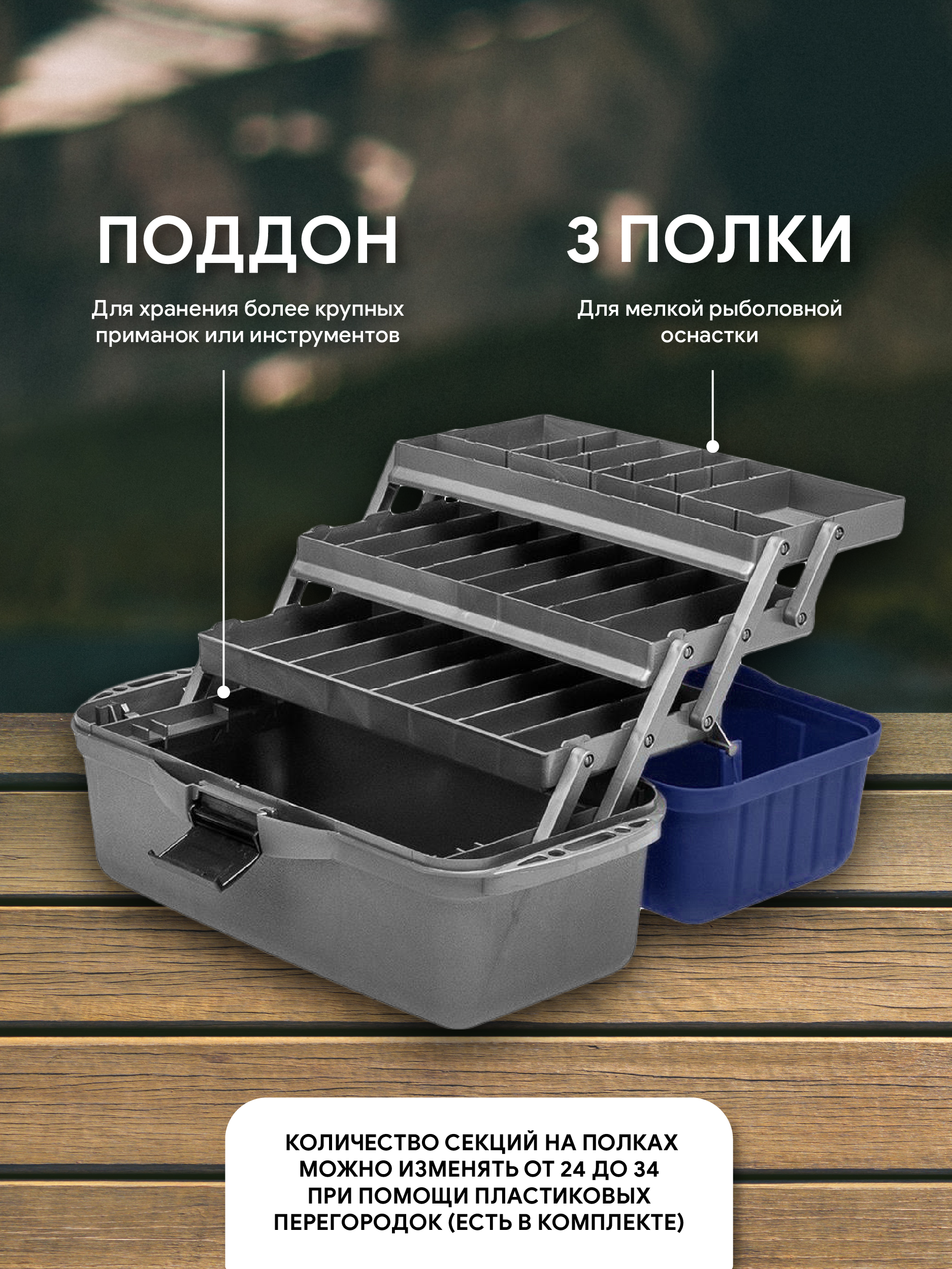 Ящик рыболова трехполочный синий Helios